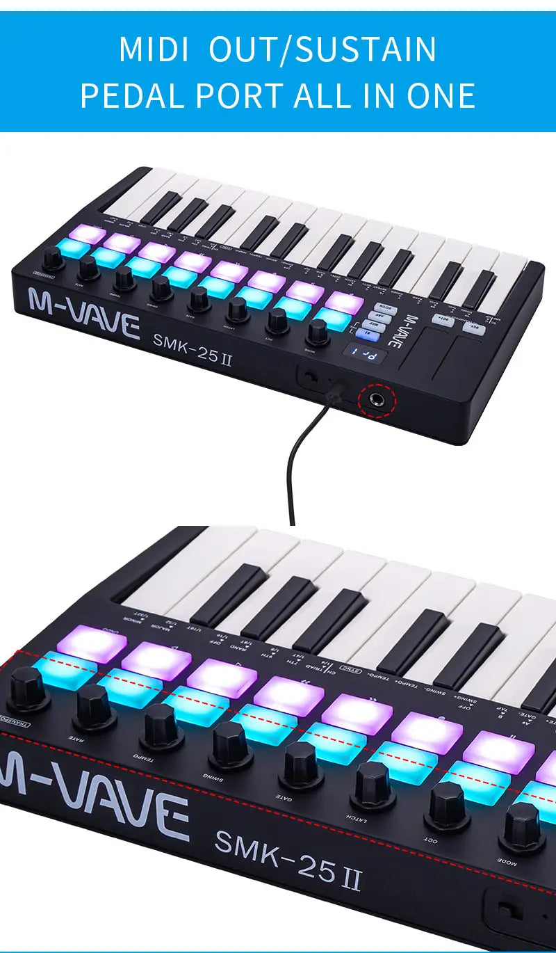 M-VAVE SMK-25 MIDI Pad Controller Rechargeable Keyboard USB 25 Key,16 RGB Drum Pads,8 Knobs&Music Production,Software Included