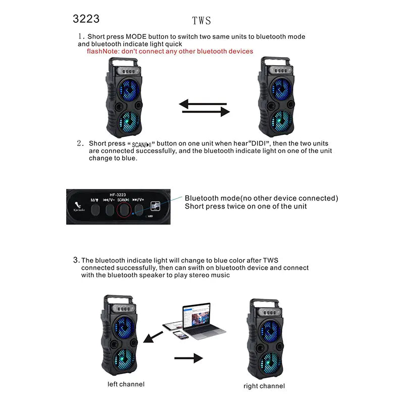 Outdoor Portable Wireless Speaker Dual 3 Inches Music Stereo Subwoofer Bass USB Power Supply For Dancing Party Family Karaoke