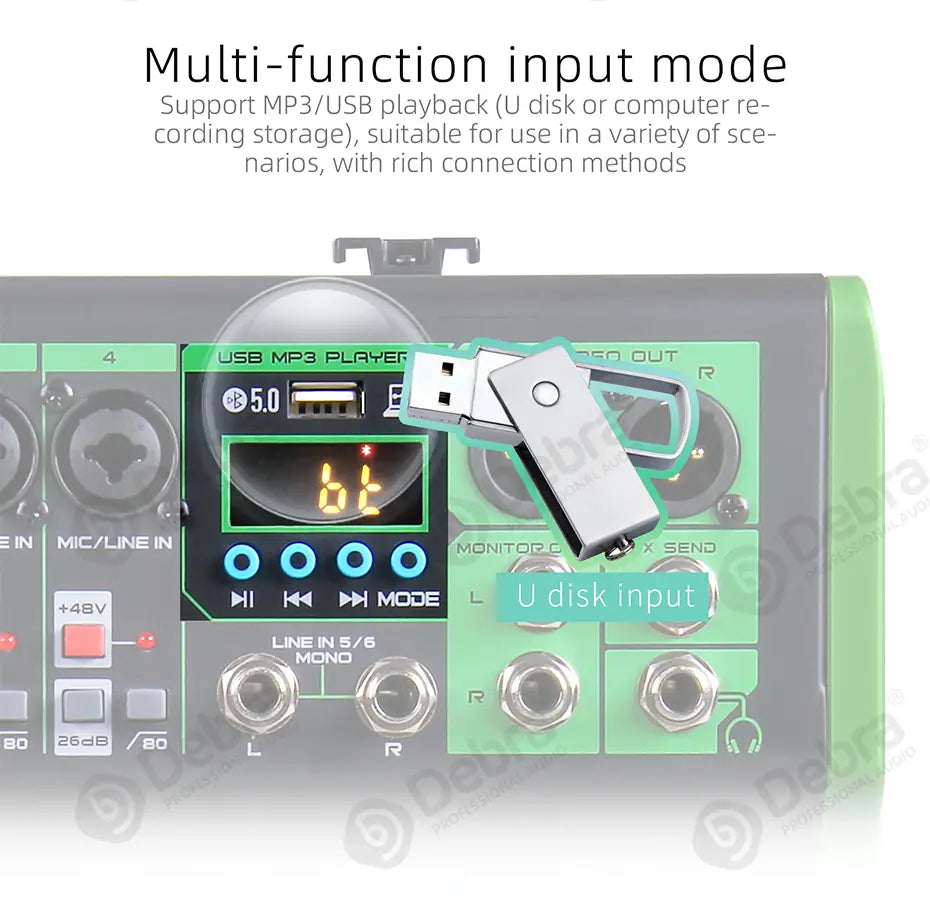 Debra DI pro Mixer Audio for Home Karaoke Live Broadcast Recording Studio with 99 DSP Digital Effects And USB MP3 Input