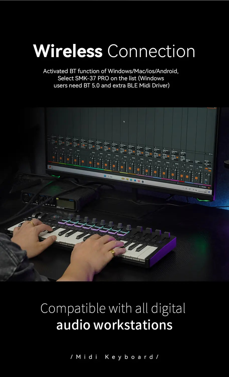 M-VAVE SMK-37 PRO Keyboard w/16 RGB Pads,8 Knobs & Wireless Bluetooth|Velocity-Sensitive Keys,Synth Engine/Music Production