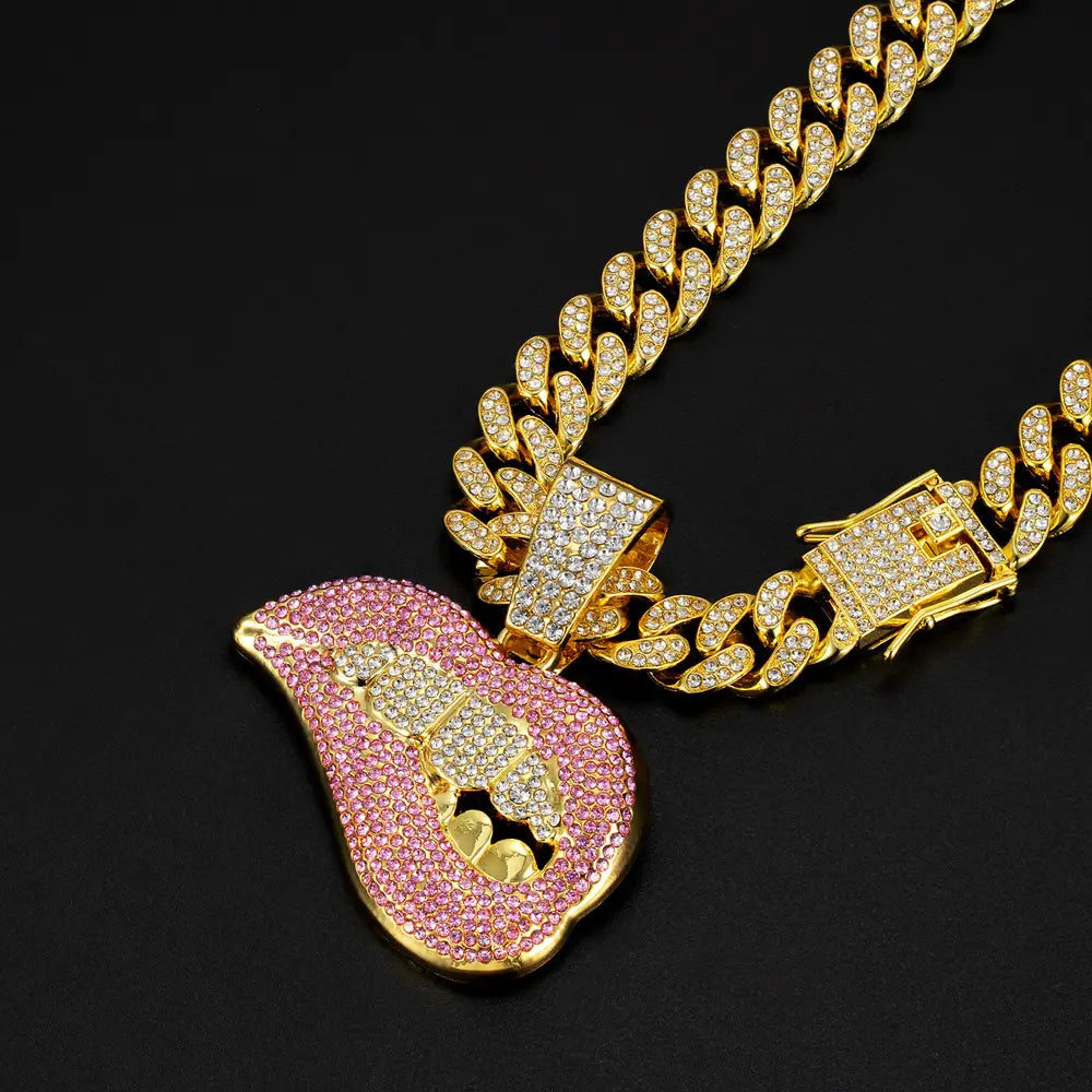 New Men Women Hip Hop Bite Lip Shape Pendant Necklace with 13mm Crystal Cuban Chain Iced Out Bling HipHop Necklace Charm Jewelry