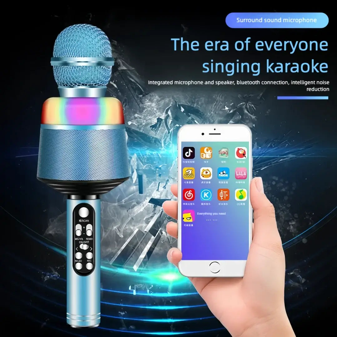 Wireless Bluetooth Karaoke Microphone 5-in-1 Portable Handheld Mic Speaker with Dynamic Lights Karaoke Microphone for Adults