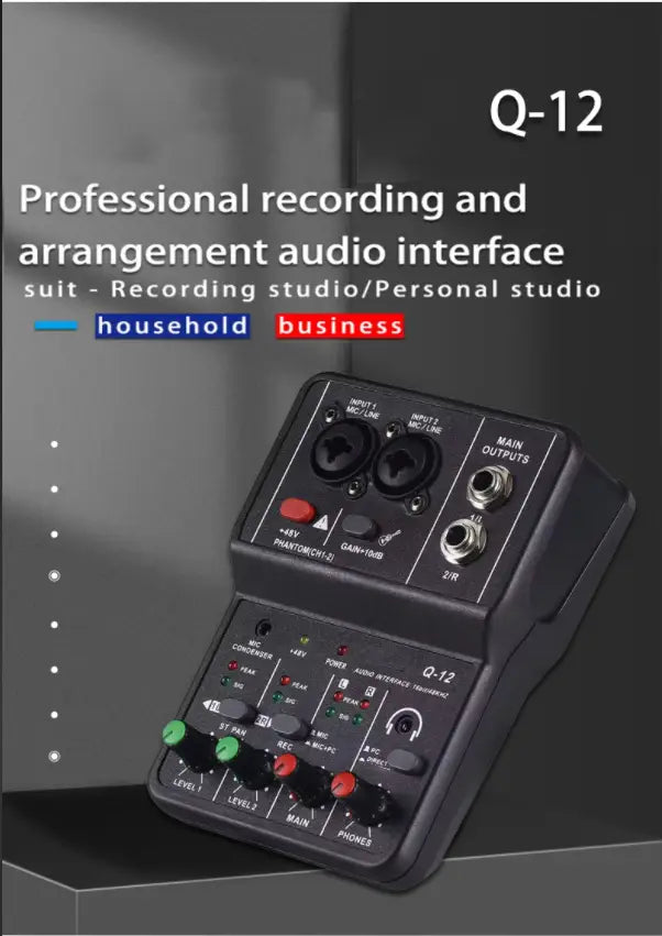 2 Channels Professional portable Audio Interface sound card console mini USB MIXER for Guitar Recording Studio Singing Q12