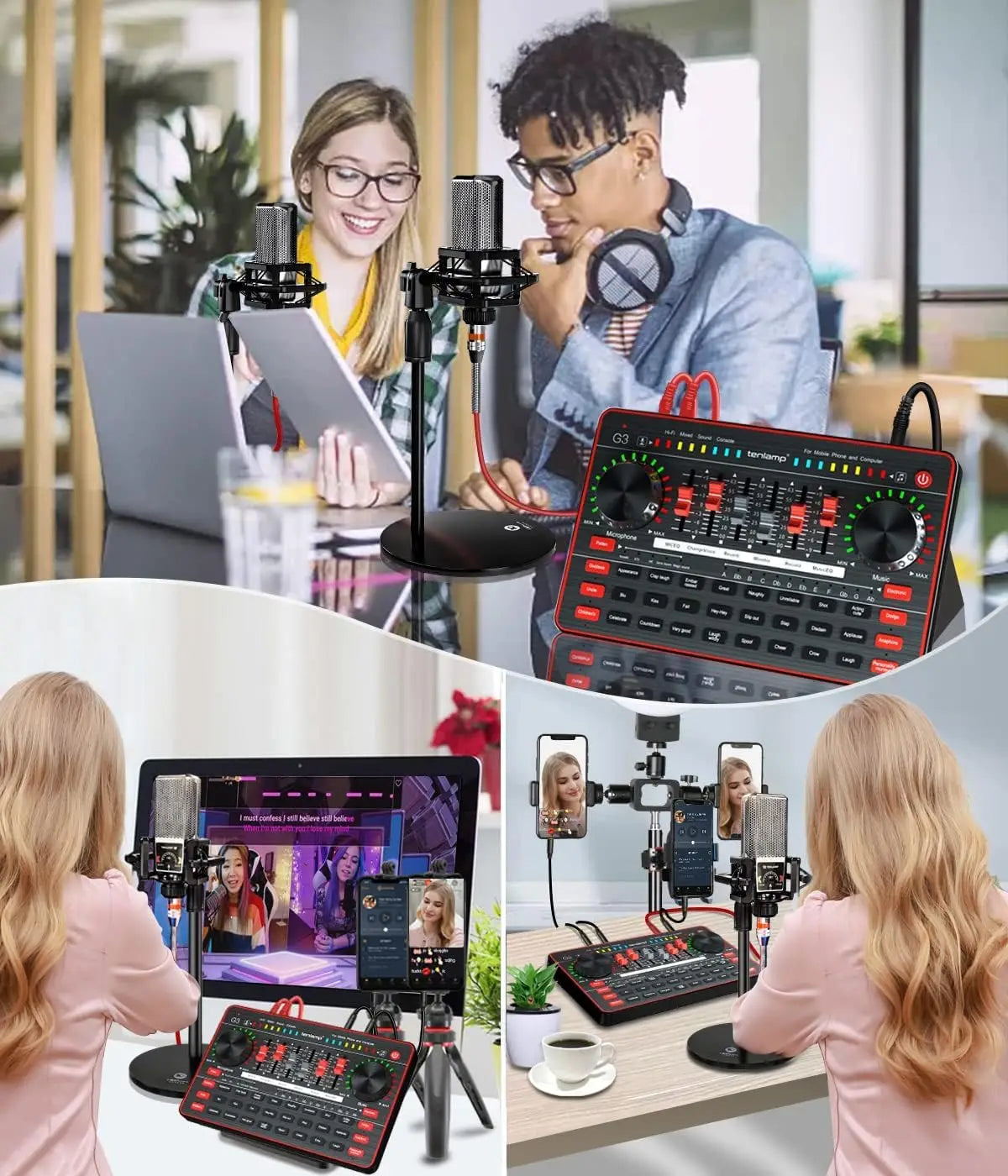 Audio Mixer with Sound Card tenlamp Two 3.5mm Studio Condenser Microphone and G3 Audio interface Sound Board Voice Changer