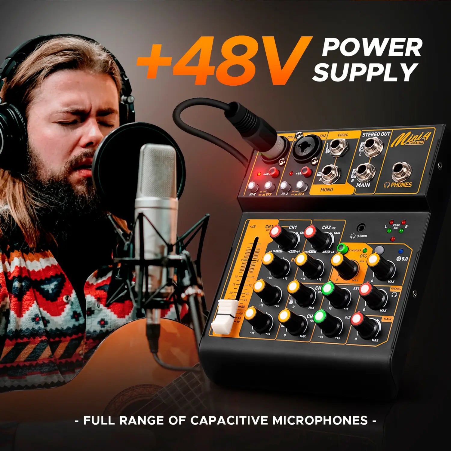 Debra OTG Audio Mixer DJ Console Mini4 Interface Bluetooth 48V Power Delay Repaeat Effect For Sound Mixing Console PC Recording