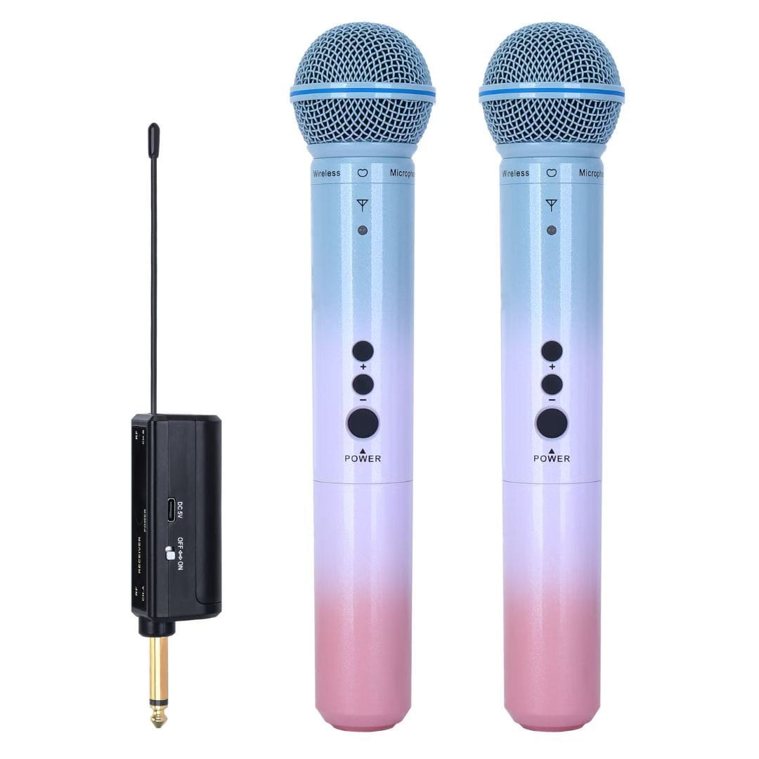 A professional dual-channel UHF wireless dynamic microphone system with a rechargeable receiver suitable for parties karaoke p