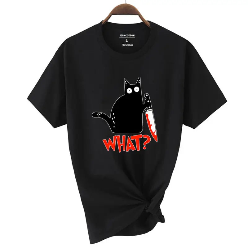 Kitchen Knife Black Cat Wha? Print Female Short Sleeve Fashion Breathable T-Shirts Summer Cool Tee Clothes Street Hip Hop Tops