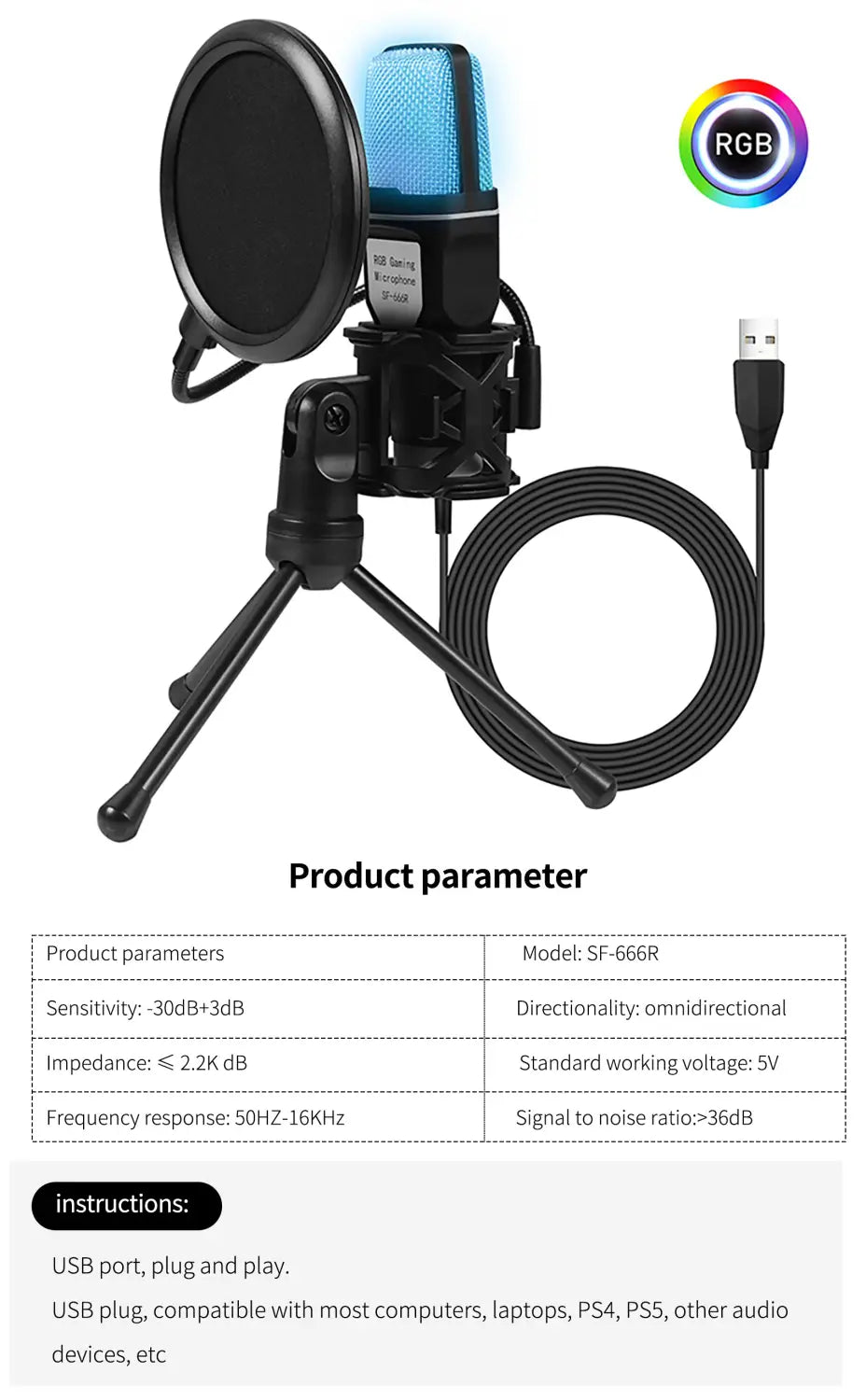 Computer Professional Gaming Condenser Microphone Karaoke Mic PC Laptop USB Wired Live Streaming Podcast Studio Mike Kit Gamer