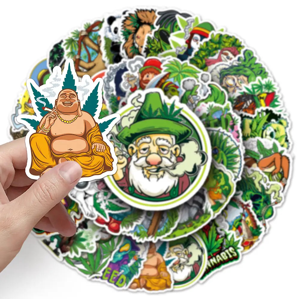 10/30/50/100PCS Funny Hemp Leaf Stickers Weed Smoking Cartoon Graffiti Waterproof Suitcase Luggage Guitar Skateboard Decals Toy