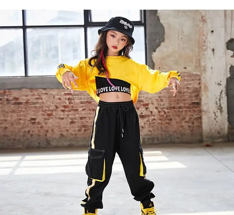 Hip Hop Girls Crop Top Contrast Street Dance Cargo Pants Children Sweatshirt Joggers Kids Streetwear Jazz Costumes Clothes Sets