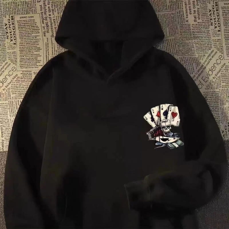 【M-8XL Hoodies】Autumn Men Pullover Hoodie Oversized Sweatshirt Fashion Loose Skeleton Poker Print Long Sleeve Couple Clothes