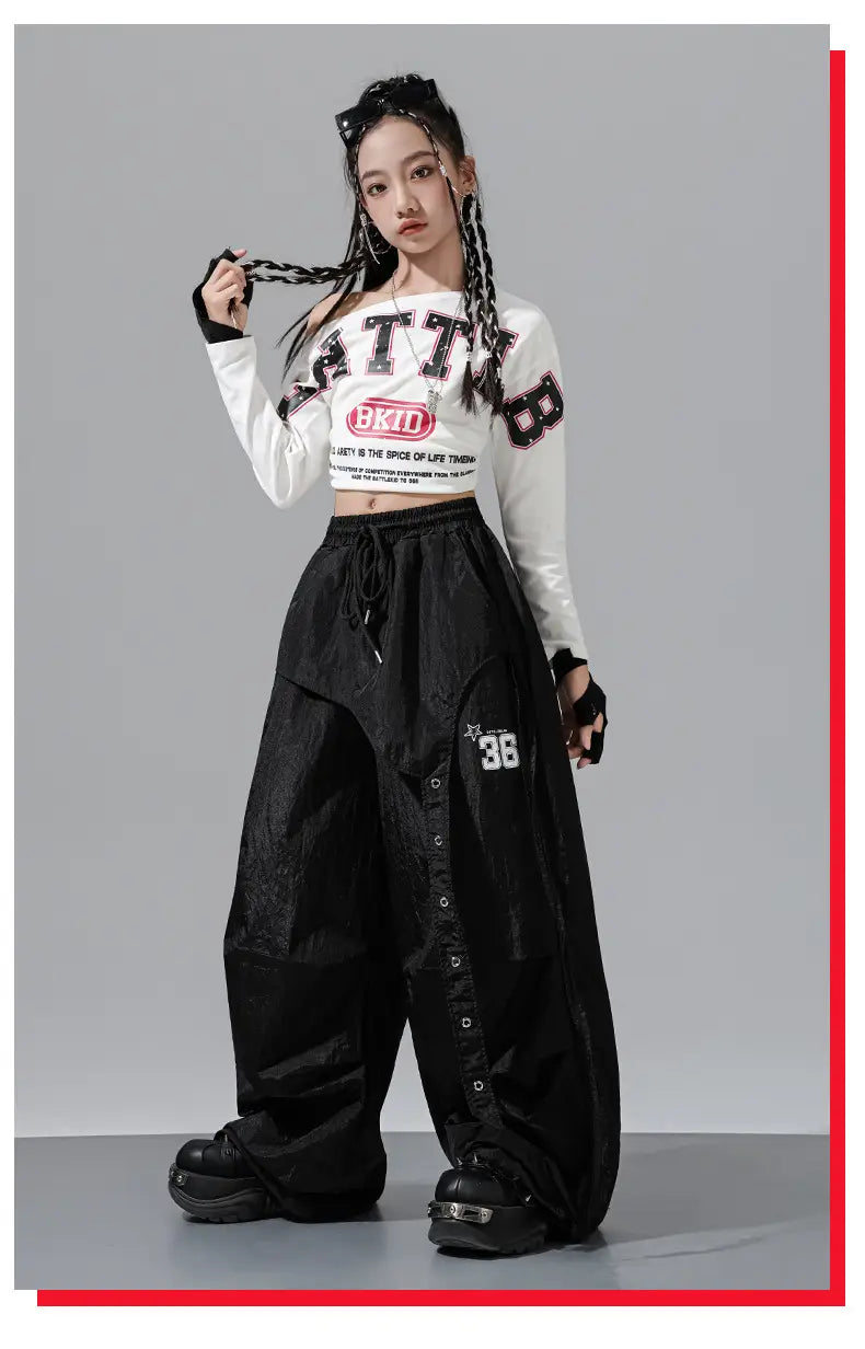 Hip Hop Girls Off Shoulders Crop Top Cargo Pants Kids K-pop Street Dance Clothes Set Children Girl Group Streetwear Teen Costume