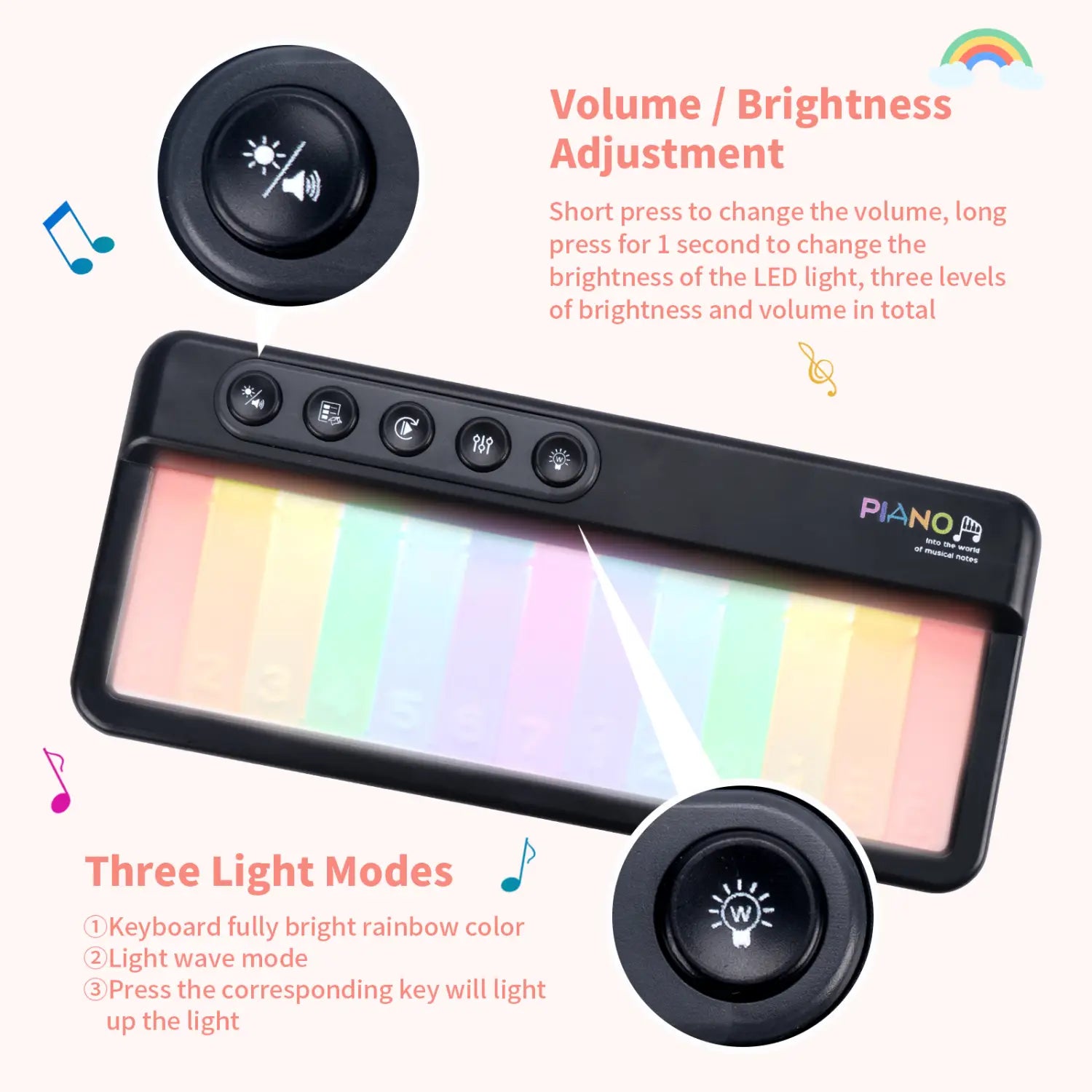Rainbow Flashing Piano Toys with 5 Instruments 13 Melody Electronic Music Toys Portable Keyboard Toys Educational Toys for Kids