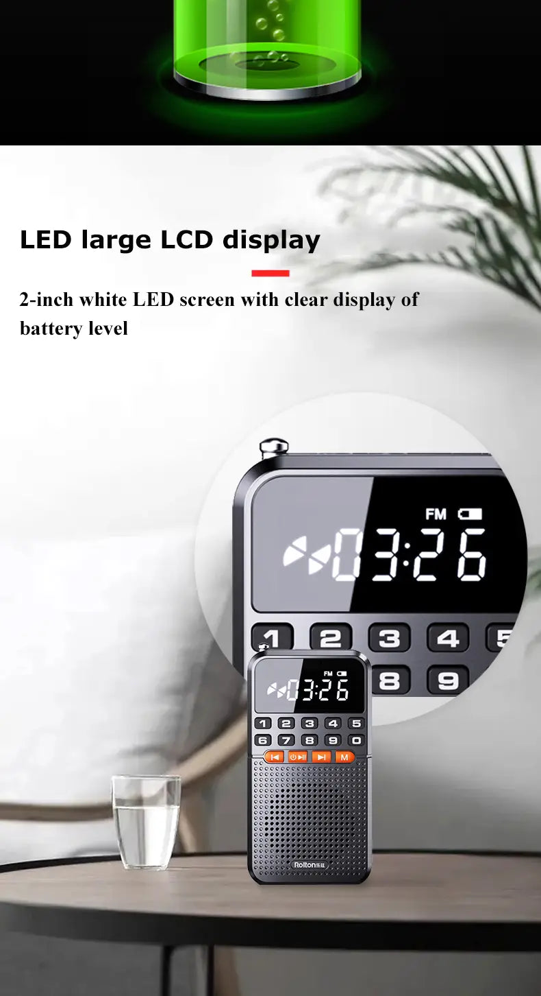 Portable FM Mini Radio Dual Antenna Pocket Radio Receiver Bluetooth 5.0 Speaker TF Card Music Player with LED Flashlight