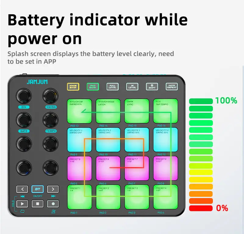 JAMJUM MIDI Controller Pad BT RGB Strike Pad Backlight MIDI Connection Low Latency 3.5mm Output Interface RGB Pad