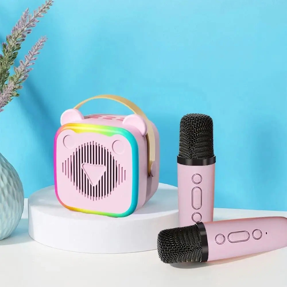 Portable Mini Karaoke Machine 3.5mm Earphone HIFI Surround Mini Home Karaoke Speaker Wireless Microphones RGB Lights