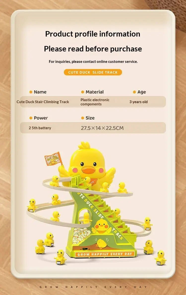 Electric Duck Climbing Stairs Toy with LED Lights & Music Roller Coaster Track Slide Parent-Child Interactive Toy for Kids