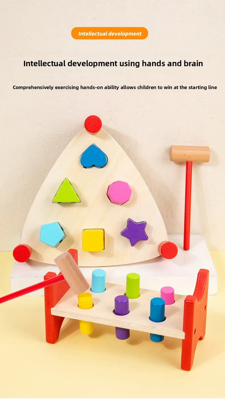 Montessori-style early learning percussion table for toddlers; hammer toy educational musical instrument and whack-a-mole game
