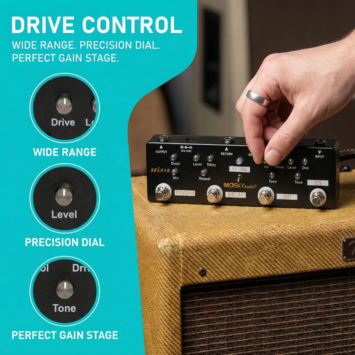 MOSKY Audio SOL918 Multi Effect Pedal True Bypass 5 Effects Distortion Overdrive Delay Reverb with FX Loop Metal for Guitar
