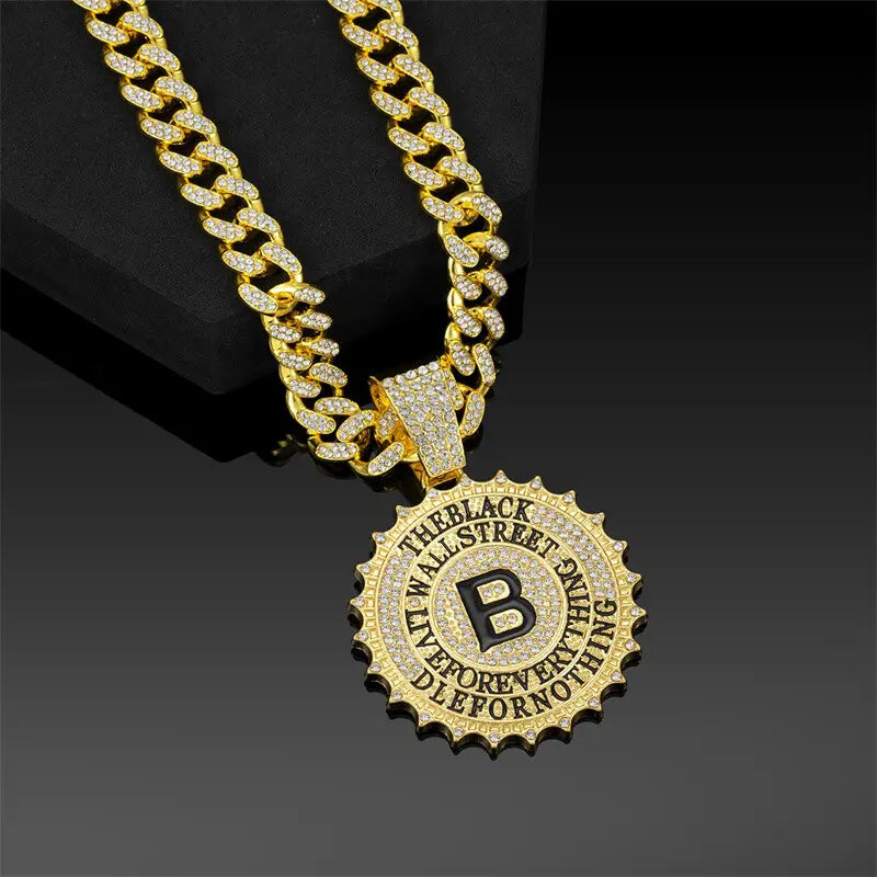 Hip Hop Round B Letter Pendant Necklace Men Gold Sliver Color Ice Out Crystal Sign Rock Pendant Rapper Bling Jewerly