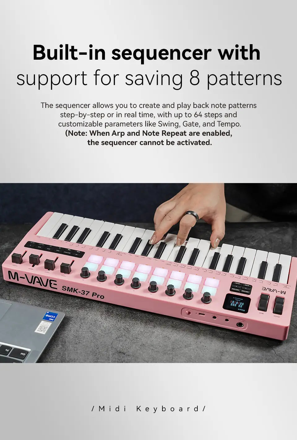 M-VAVE SMK-37 PRO Keyboard MIDI Controller USB | 16 RGB Pads And 8 Knobs Supports Software Operation for Windows Mac iOS Android