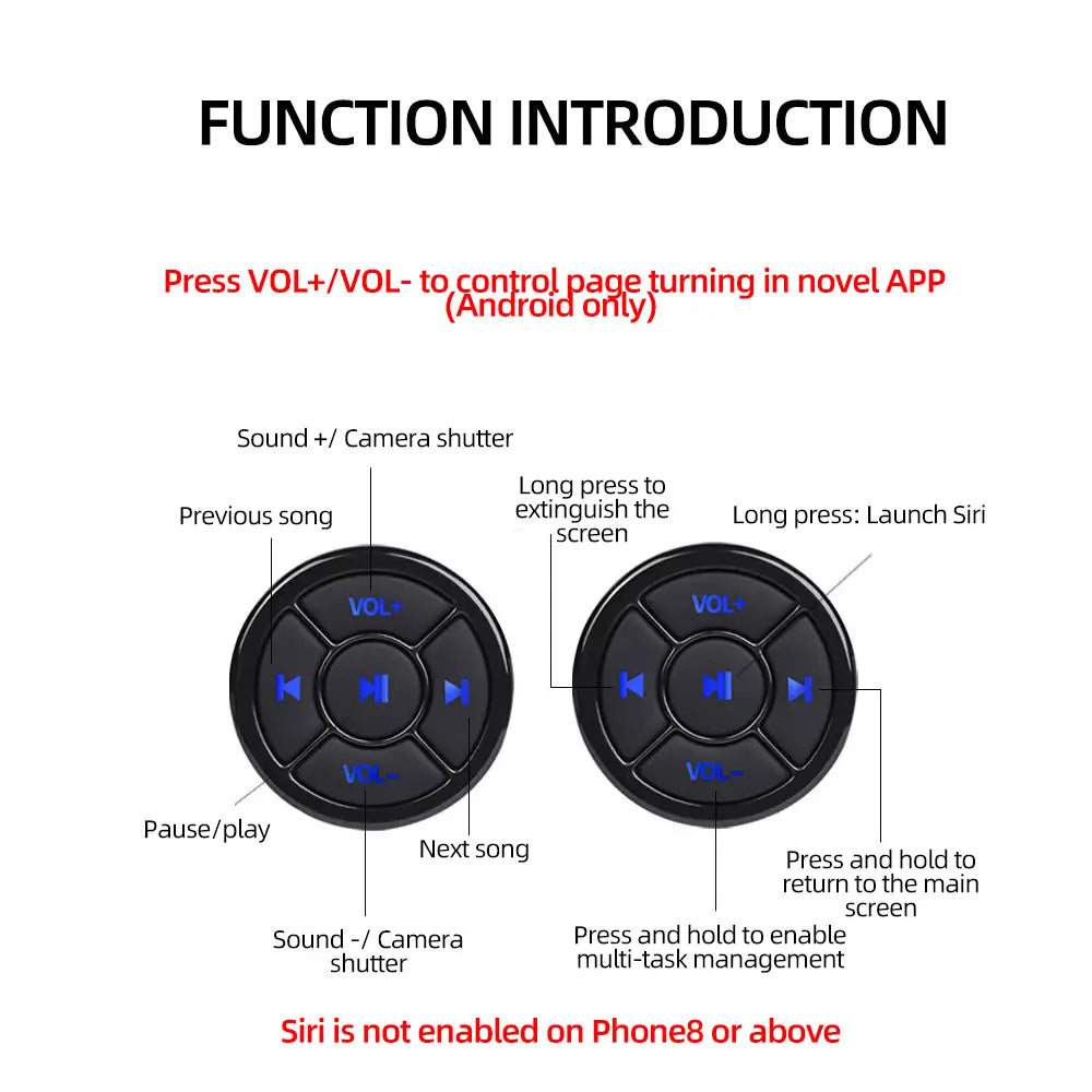 Wireless Bluetooth 5.0 Remote Controller Media Button Car Motorcycle Bike Steering Wheel Music Play for IOS Android Phone Tablet
