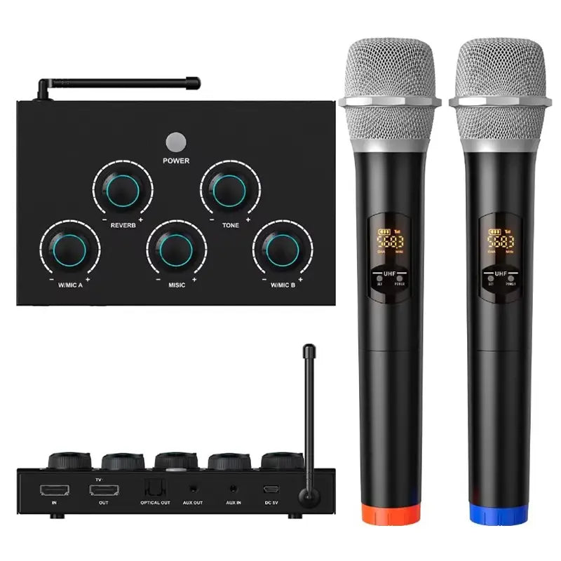 New Launch Dual Channels Karaoke Mixer for home theater with UHF Wireless Microphone HD ARC Optical(Toslink) AUX