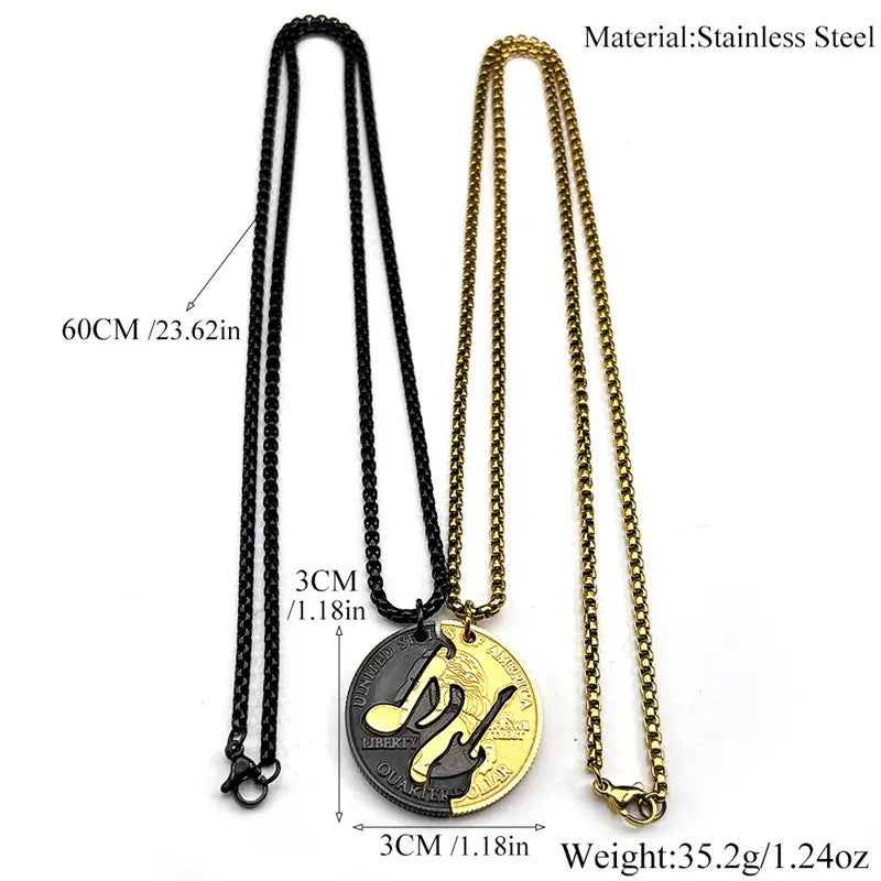 Hiphop US Quarter Dollar Music Couple Necklace For Women Men Stainless Steel Gold Color Electric Guitar Male Chain Jewelry Gifts