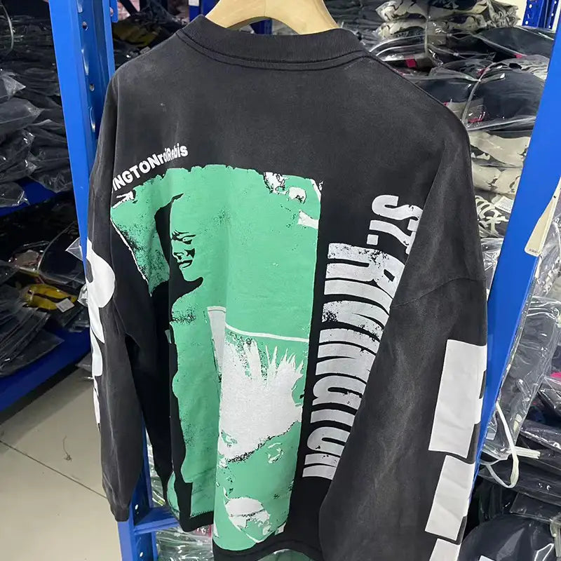 Hip Hop Letters Logo Graphics Print RRR123 Long Sleeve T Shirt Men Women Top Quality Cotton Oversized Vintage Black T-Shirt