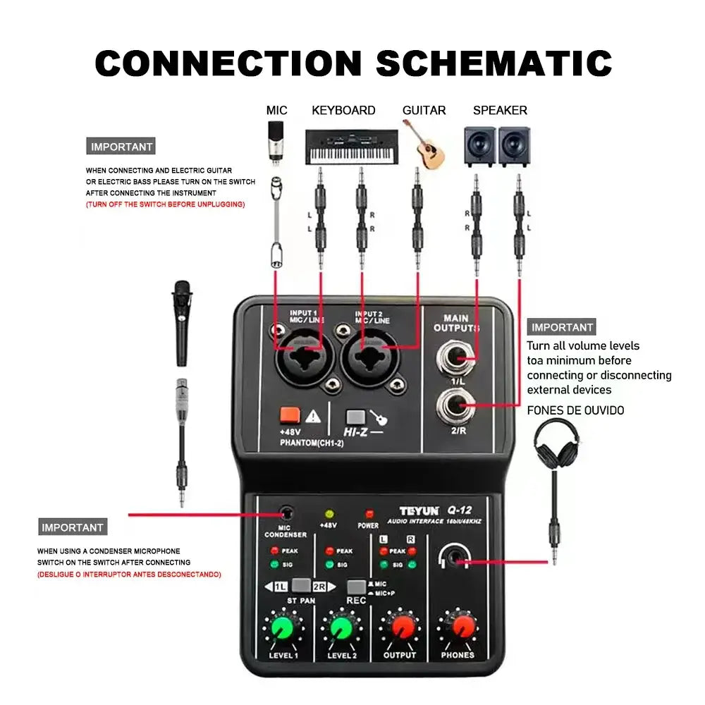 2 Channels Professional Portable Audio Interface Sound Card Console Mini USB MIXER for Guitar Recording Studio Singing TEYUN Q12
