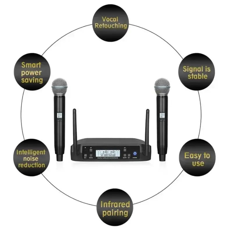 Wireless UHF Microphones with Microphone Receiver for Karaoke Stage Performance Speech Classroom Show Party Hip Hop Micro Phones