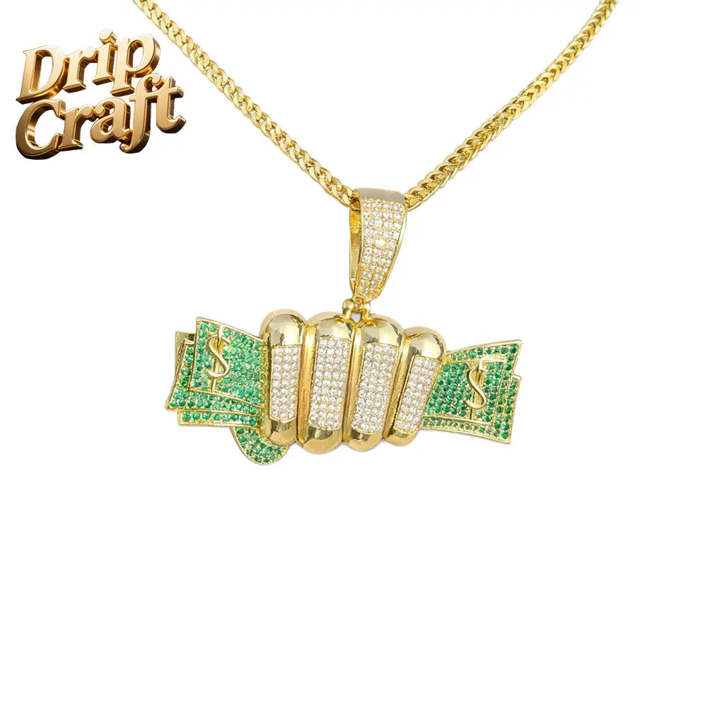 Hip-hop hand holding a dollar pendant. This copper-inlaid zircon hip-hop trendy jewelry is suitable for both men and women.