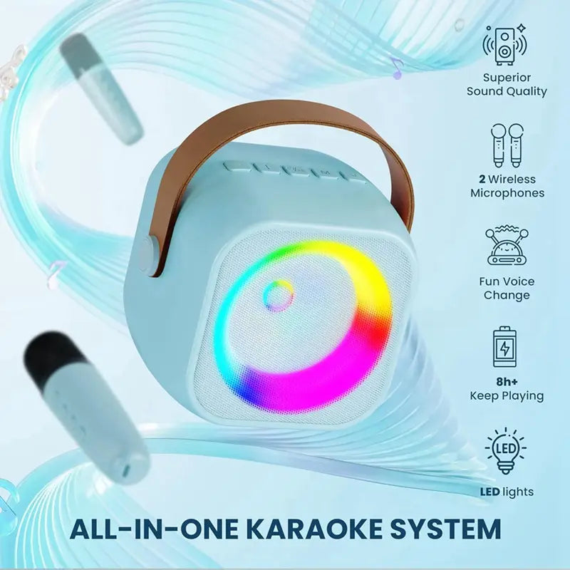 A99E-Karaoke Machine Portable Bluetooth Speaker With 2 Wireless Microphones Karaoke Toys Gift Toys (Blue)