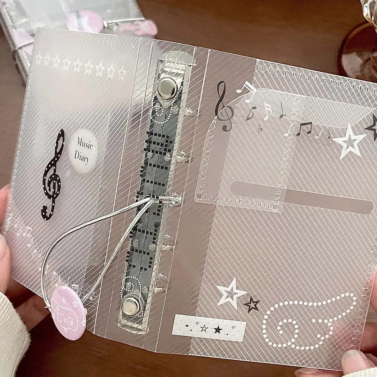 Music Theme M5 Binder Notebook Scrapbook PP Twill Tri-Fold with Tie Closure Photo Album Card Organizer Portable Planner