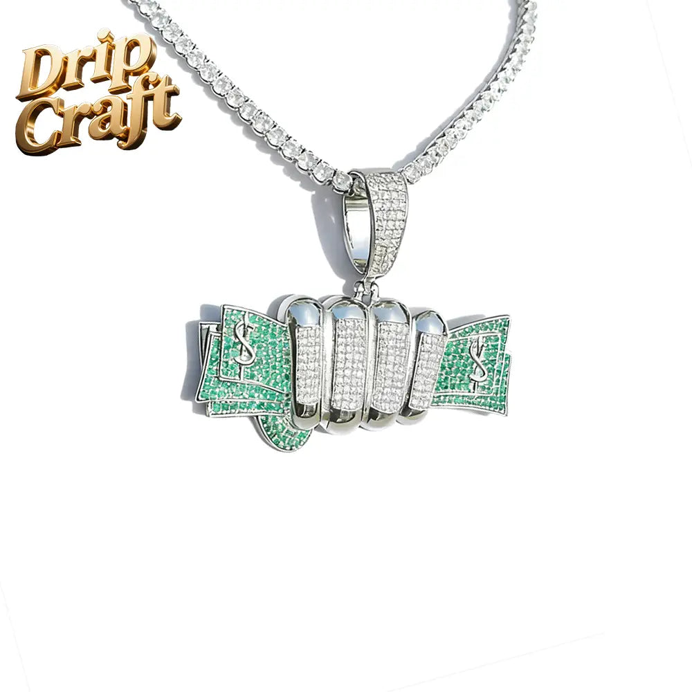 Hip-hop hand holding a dollar pendant. This copper-inlaid zircon hip-hop trendy jewelry is suitable for both men and women.