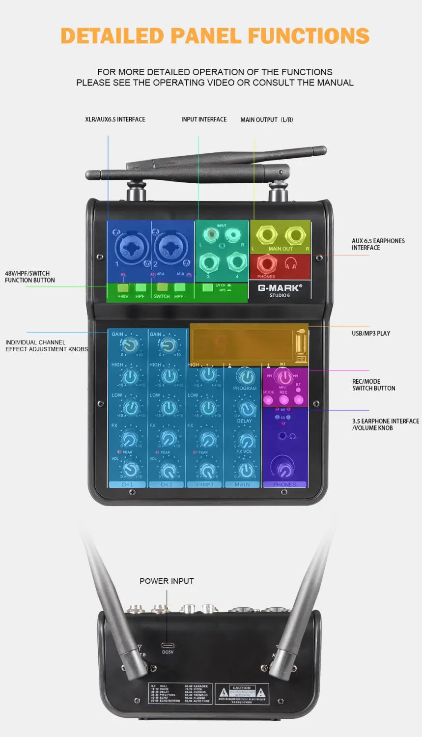 Audio Sound Mixer With Microphone G-MARK Studio 6 Bluetooth Portable DJ Console + 48V USB Interface Mixing Boards For Live