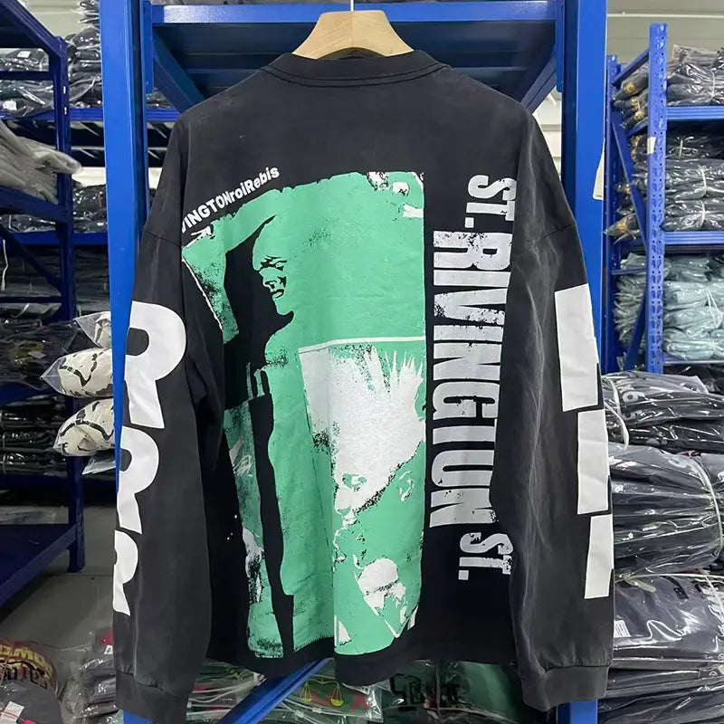 Hip Hop Letters Logo Graphics Print RRR123 Long Sleeve T Shirt Men Women Top Quality Cotton Oversized Vintage Black T-Shirt