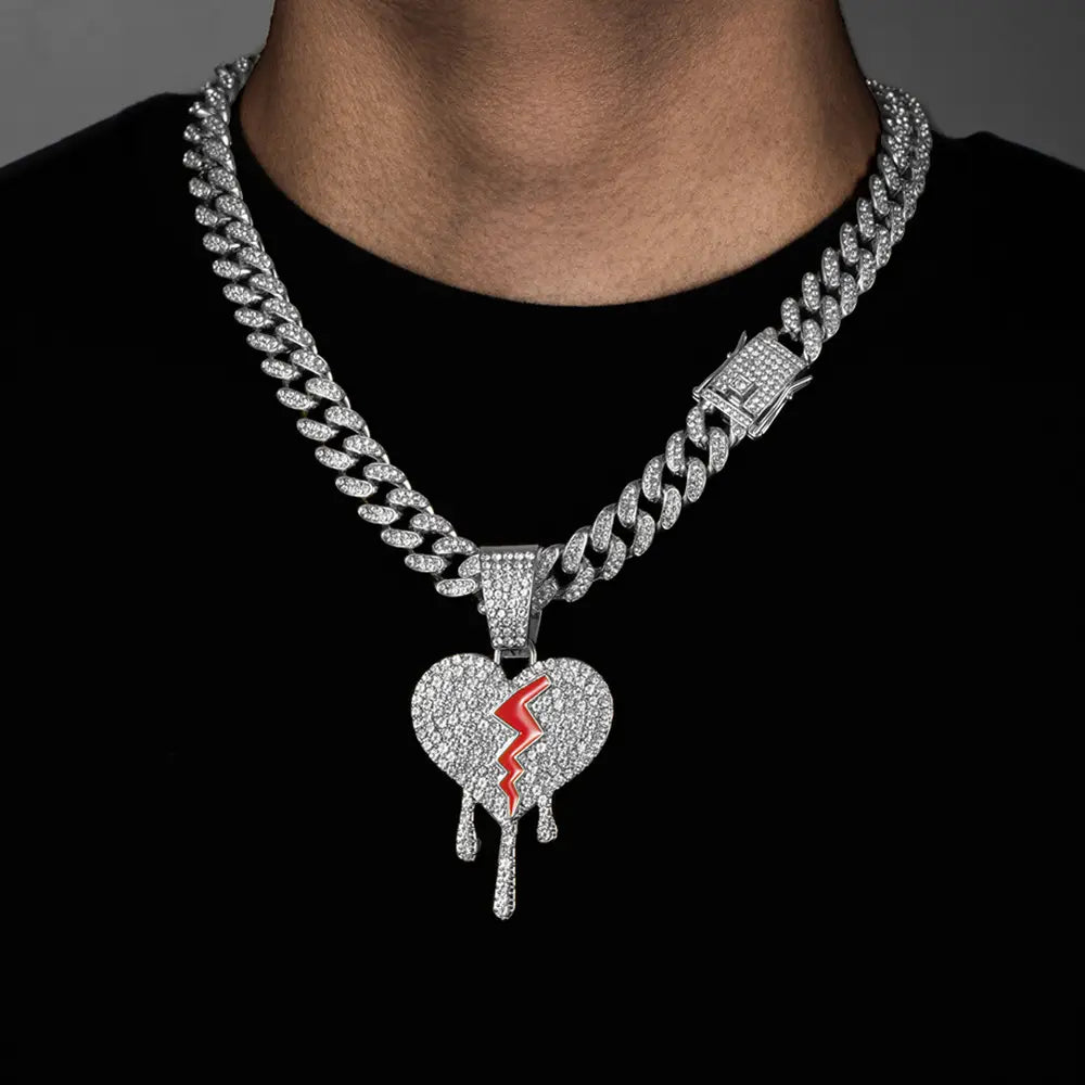 Hip Hop Iced Out Broken Heart Pendants Necklace with Miami Cuban Link Chain Heartbreak Necklaces Men Women Rapper Charm Jewelry