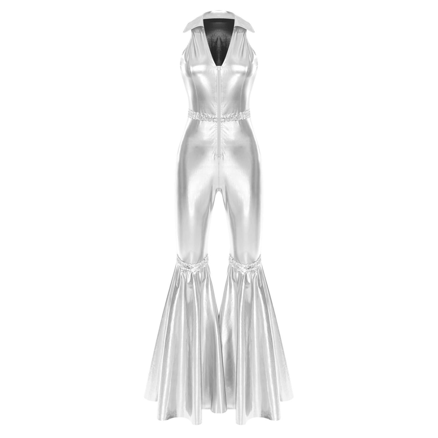 Adult Womens 70s Disco Rompers Lapel V Neck Sleeveless Front Zipper Sequins Bell Bottom Long Pants Jumpsuit Retro Jazz Dancewear