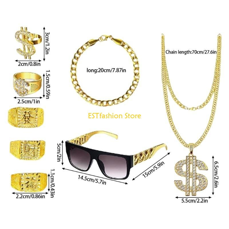 Y5GC 8Pcs Hip Hop Costume Dollar Sign Pendant Necklace Hip Hop Dollar Rings Sunglasses Bracelets Set Rapper Accessories