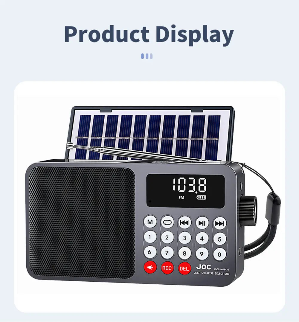 Solar Portable FM Radio Rechargeable Bluetooth Speaker USB TF Card MP3 Music Player with Recording LED Light Radio FM Receiver