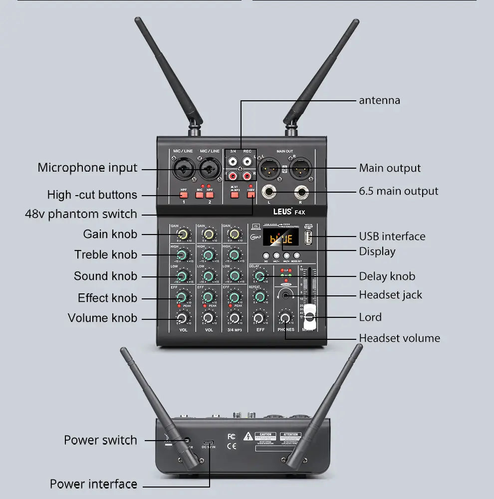 LEUS F4X Audio 4 Channel Sound Mixer With Dual UHF Wireless Microphone DJ Console Mixing for karaoke Party PC Studio Recording