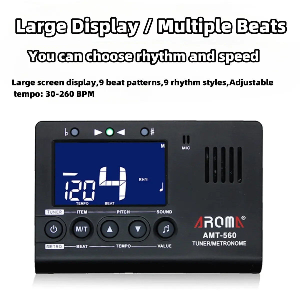 Aroma AMT-560 3 in 1 Metronome Tuner Built-in Mic w/ Pickup Cable 6.3mm/LCD Display for Guitar Chromatic Bass Violin Ukulele