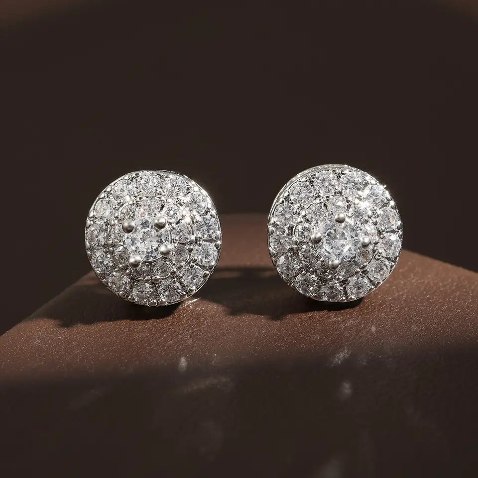 Hip Hop Rock Round Copper Zirconia Stud Earrings Silver/Gold Color Metal Crystal Ear Jewelry For Men Women Party Gift