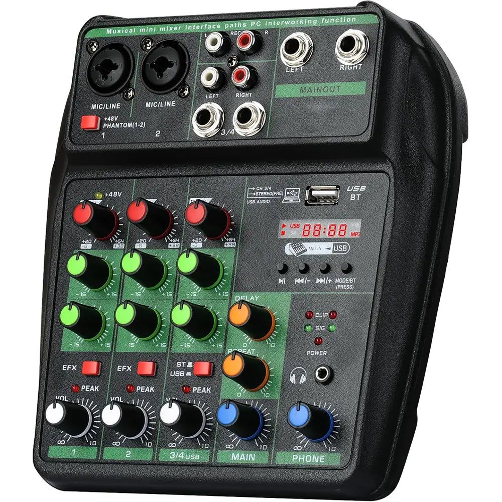 TAVOSOP Portable 4 channel audio mixer Recording Sound Console card With BT 48V USB interface for DJ Karaoke PC MP3 microphone