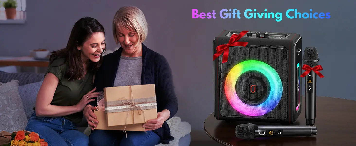 Karaoke Machine Portable Bluetooth Speaker with Microphones PA System with 2 Karaoke Microphones Disco Lights for Home Parties