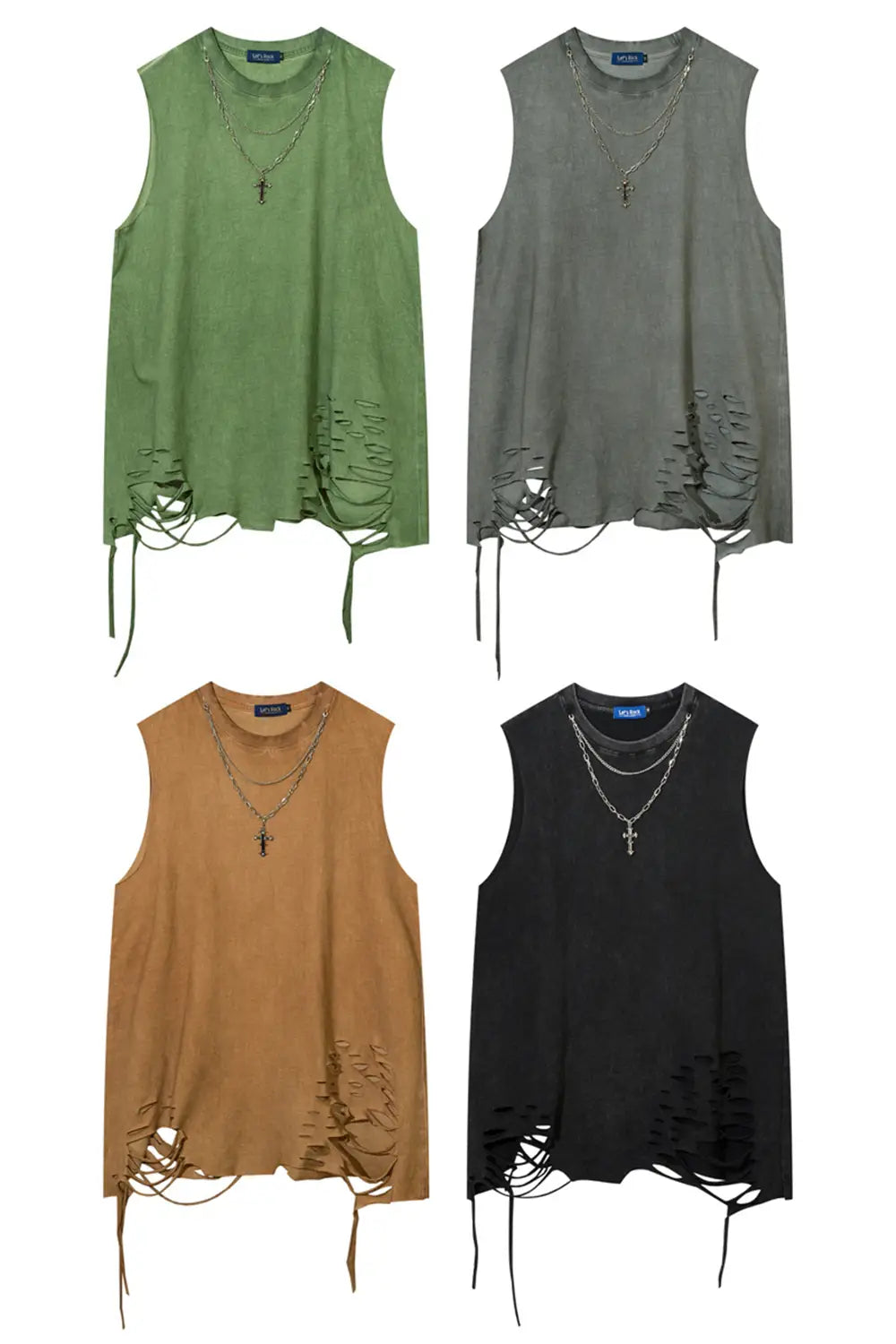 Hip Hop Tank Tops Men’s Vintage Washed Sleeveless T-Shirt Hole Harajuku Dancing Breathable Tops with Necklace Streetwear