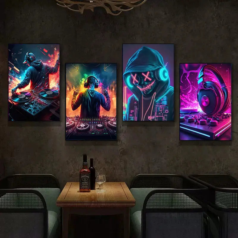 Neon Design Music Cool DJ Headphone Poster Canvas Paintings Abstract Wall Art For Bar Club Room Home Decor Frameless No LED