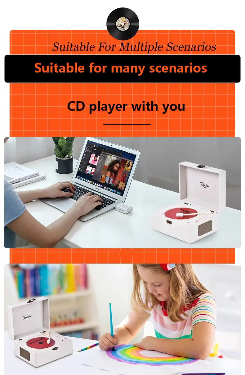 Vintage Leather CD Player Two-way Bluetooth 5.0 Built-in Speaker Portable Rechargeable CD Music Player USB Lossless Player