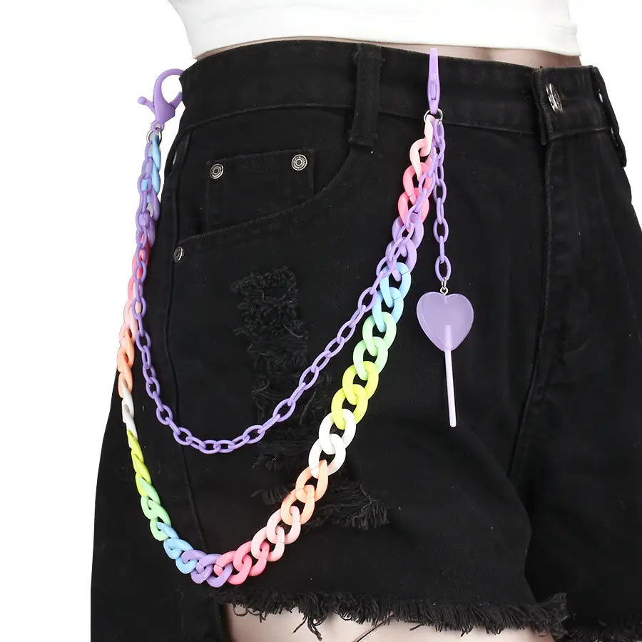 Hip Hop Rainbow Resin Chain Keychain Men Women Waist Chain Multicolor Acrylic Heart Lollipop Pants Trousers Chain Punk Jewelry